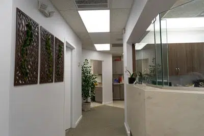 back hallway leading to the cleaning rooms at Florham Park Smile Lounge in Florham Park, NJ