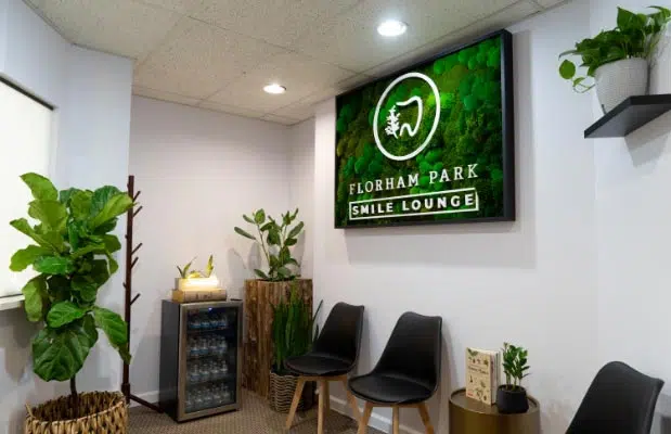 the waiting room at Florham Park Smile Lounge, a modern dental office in Florham Park, NJ